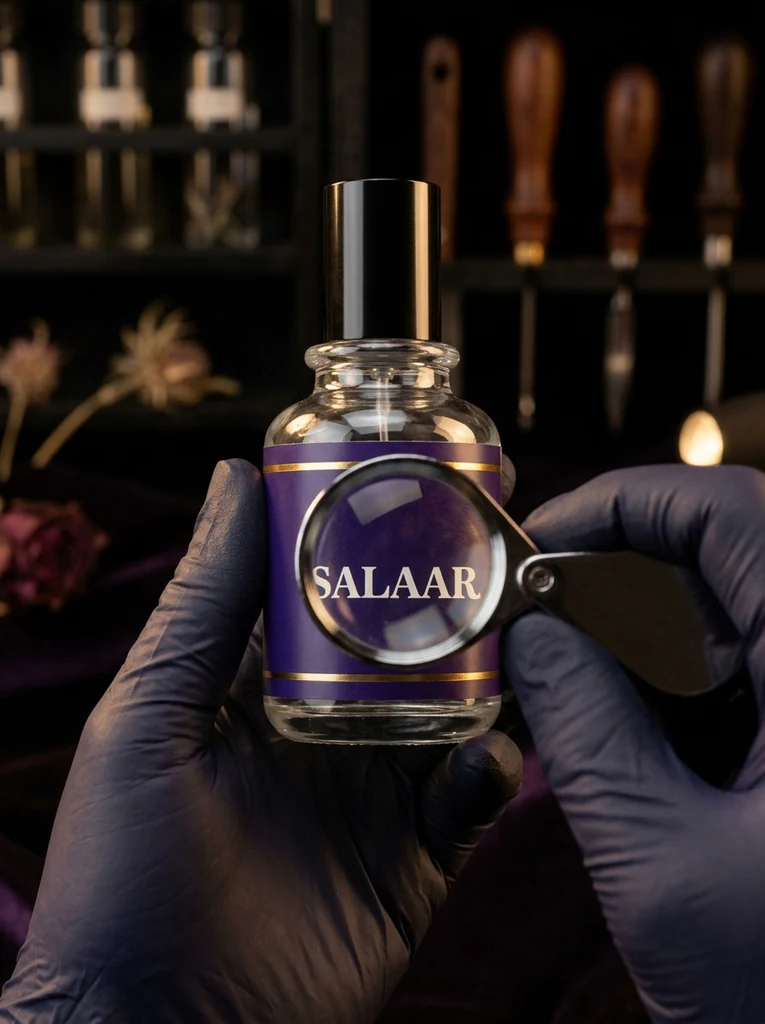 Inspecting the label of a Salaar perfume bottle through a loupe