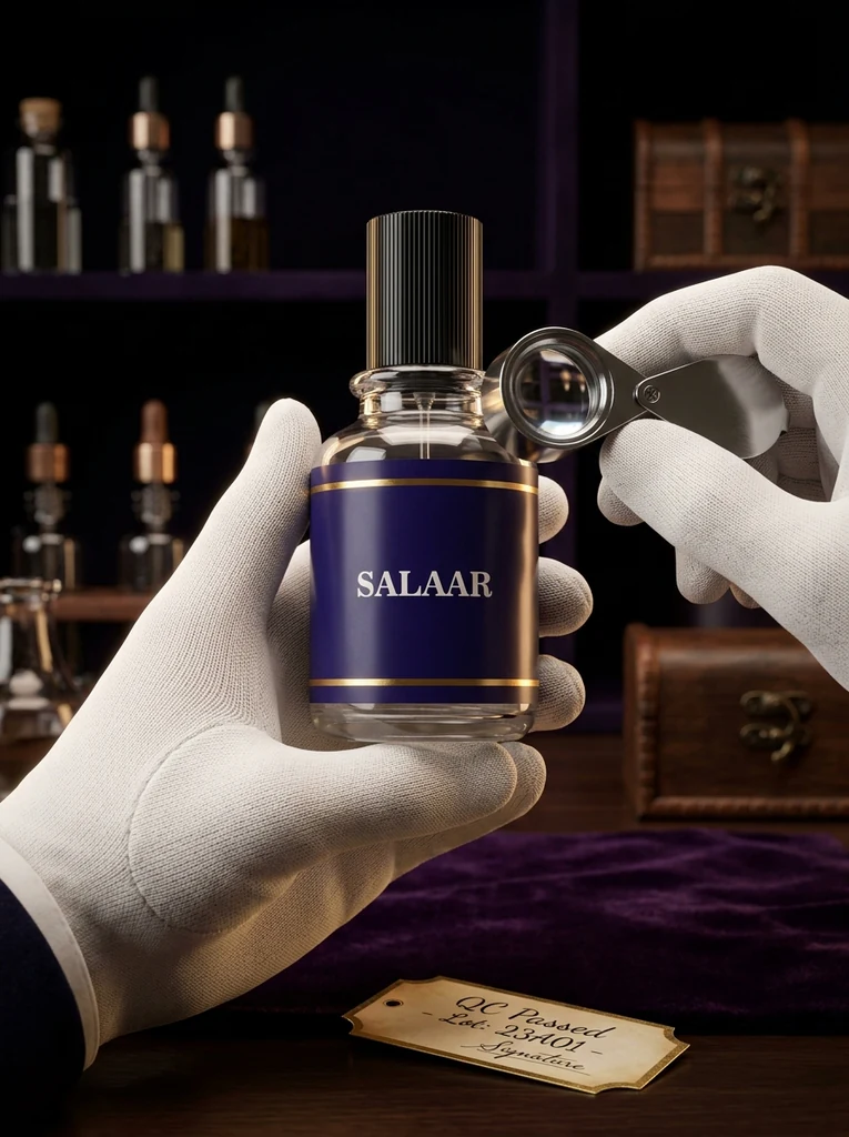 White-gloved quality inspection of a Salaar perfume bottle