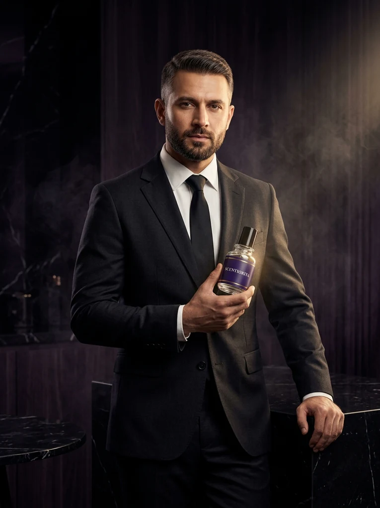 Man in a black suit holding a Scentiorita bottle – confident fragrances