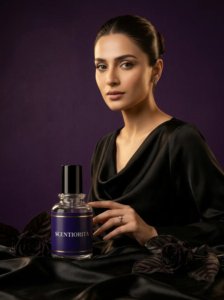 Elegant woman in black satin with a Scentiorita bottle – elegant fragrances
