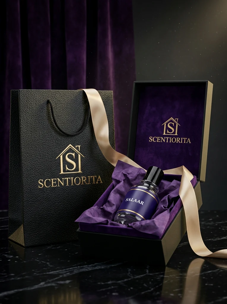 Scentiorita gift bag and open perfume presentation box