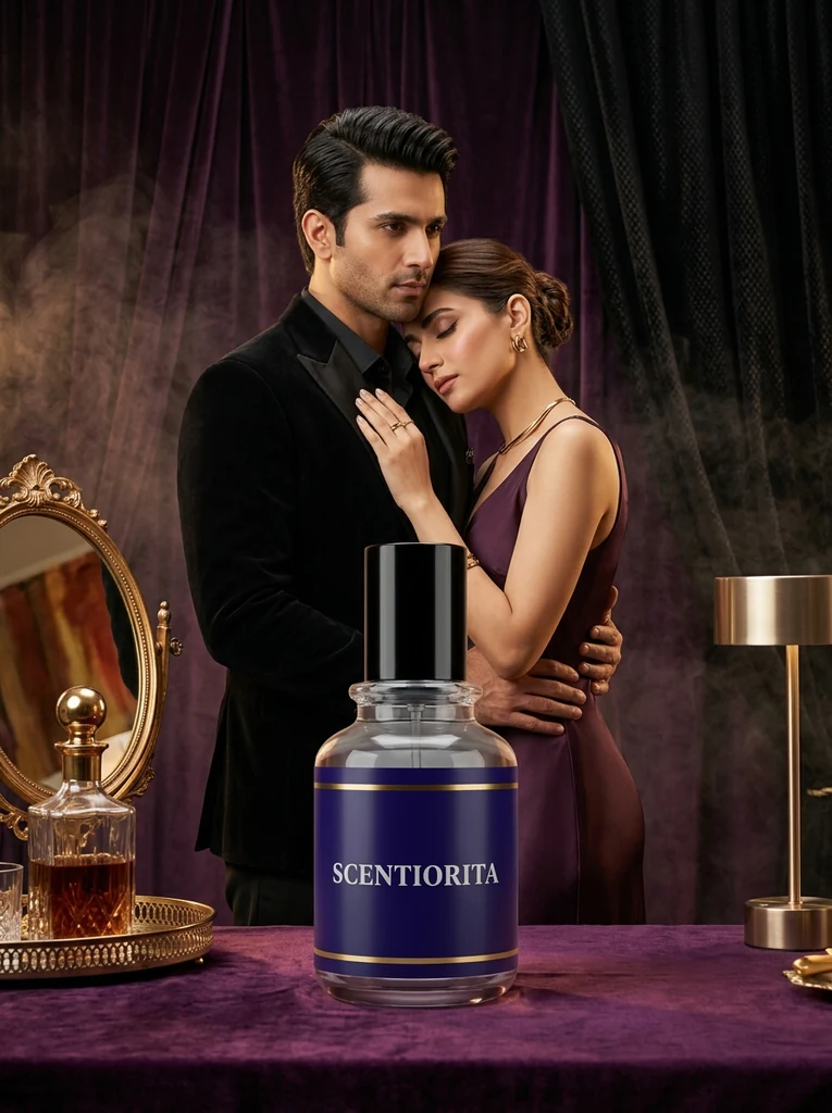 Couple embracing beside a Scentiorita bottle – irresistible fragrances
