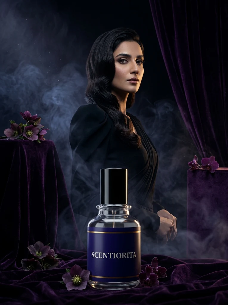 Woman in black beside a Scentiorita bottle among smoke and velvet – mysterious fragrances