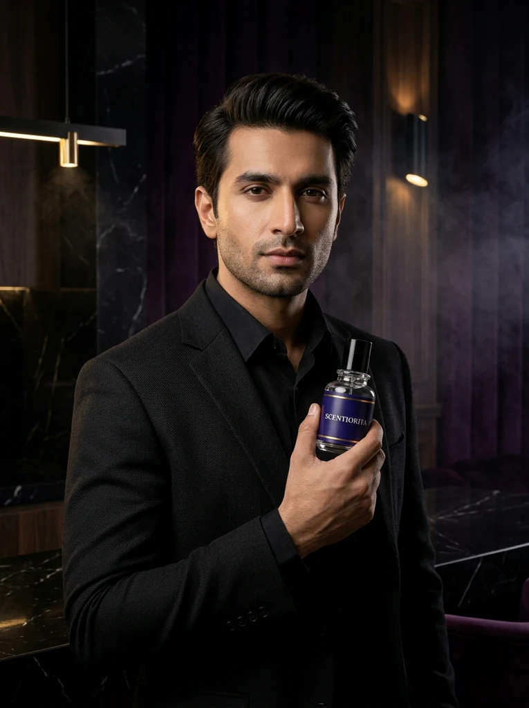 Man in a black suit holding a Scentiorita perfume for men