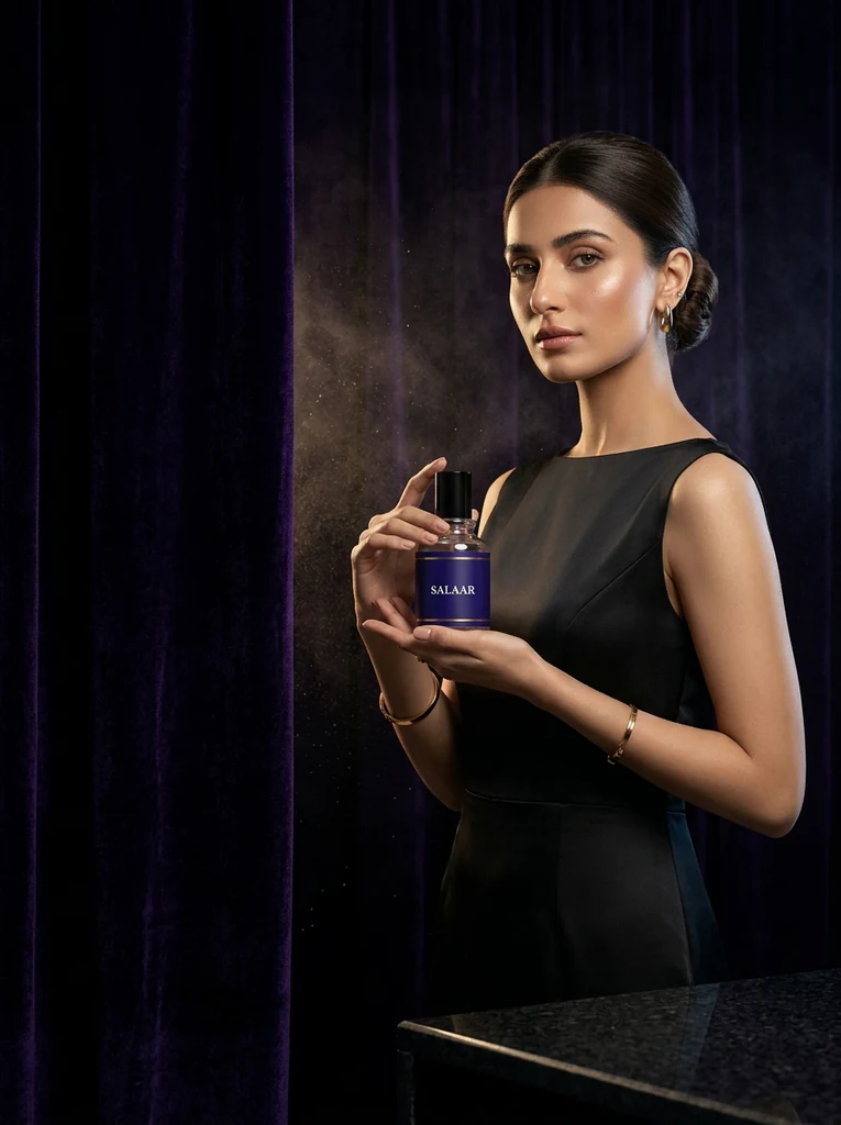Woman in a black dress holding a Scentiorita perfume for women