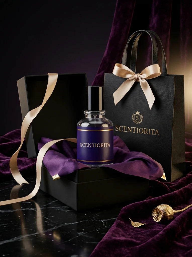 Scentiorita perfume with its gift bag and champagne ribbon