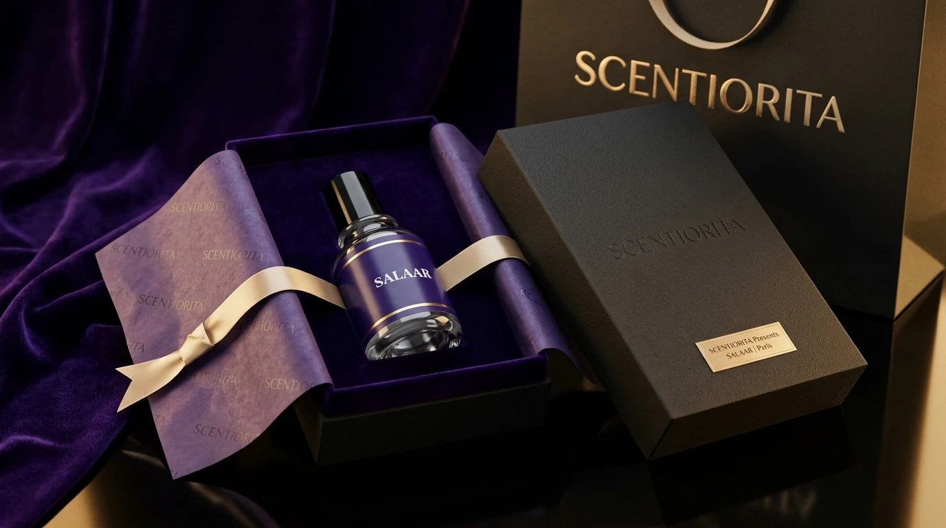 Scentiorita perfume presented in its black gift box with purple velvet