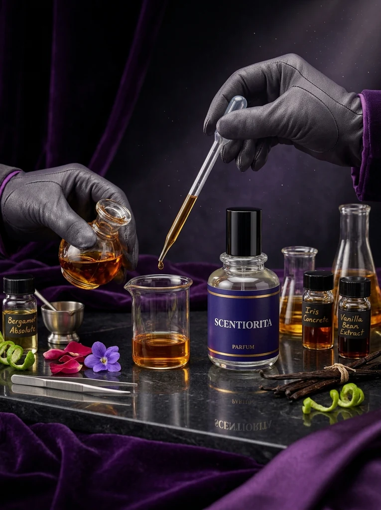 Perfumer blending a Scentiorita fragrance by hand in the atelier