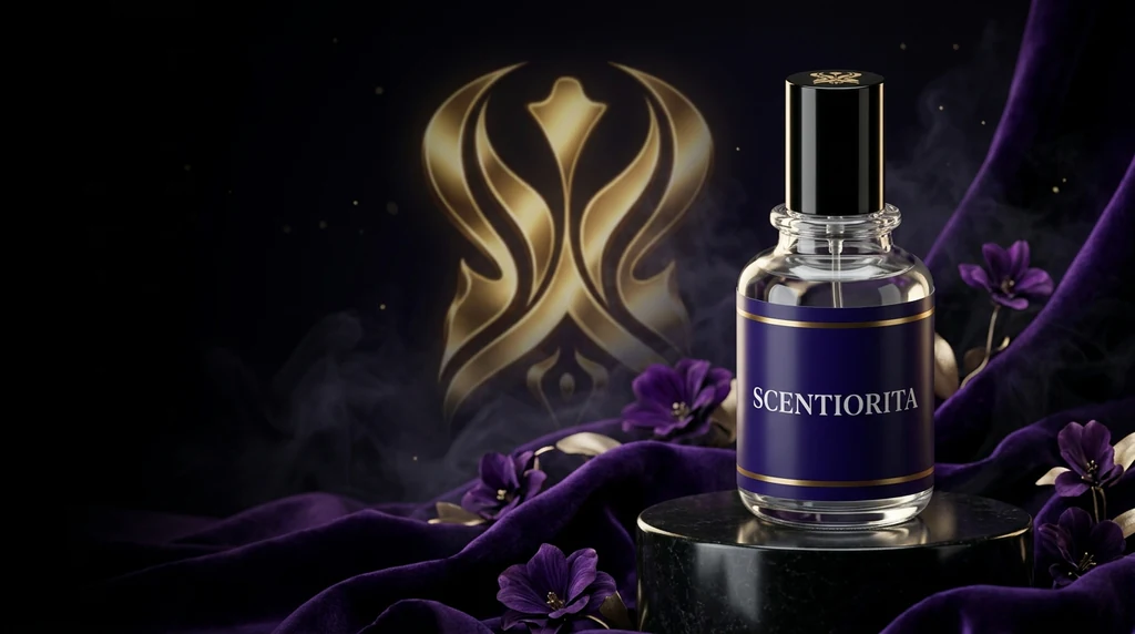 The Scentiorita signature bottle beside the gold Scentiorita emblem
