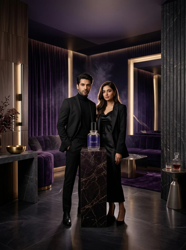Couple in black with a Scentiorita unisex perfume in a luxury lounge